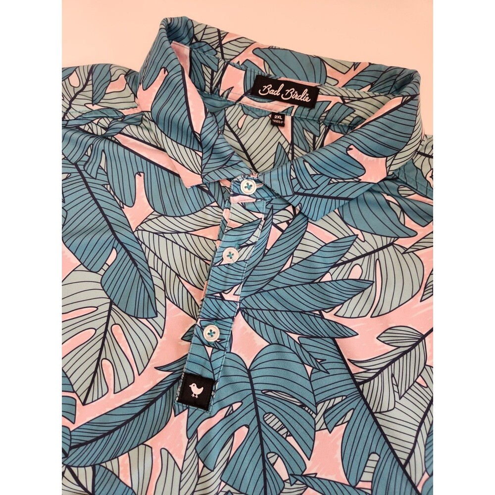 Bad Birdie Polo Shirt Men's 2XL Teal Golf Floral Hawaiian Performance‎ Stretch